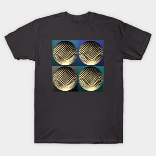 Elegant golden spheres in 3d optic on blue, turquoise, teal pop art backgrounds. T-Shirt